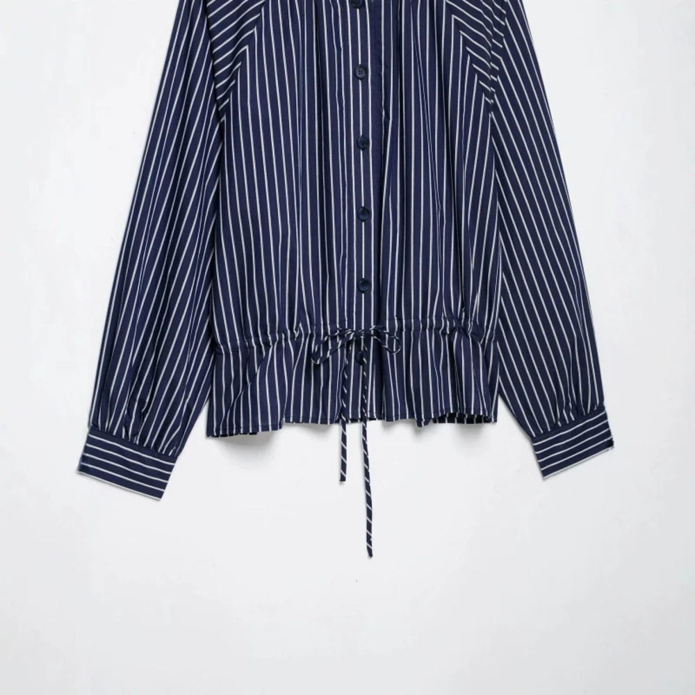 ZARA Fall Winter Striped Stand Collar Drawstring Waist Crop Blouse for Women